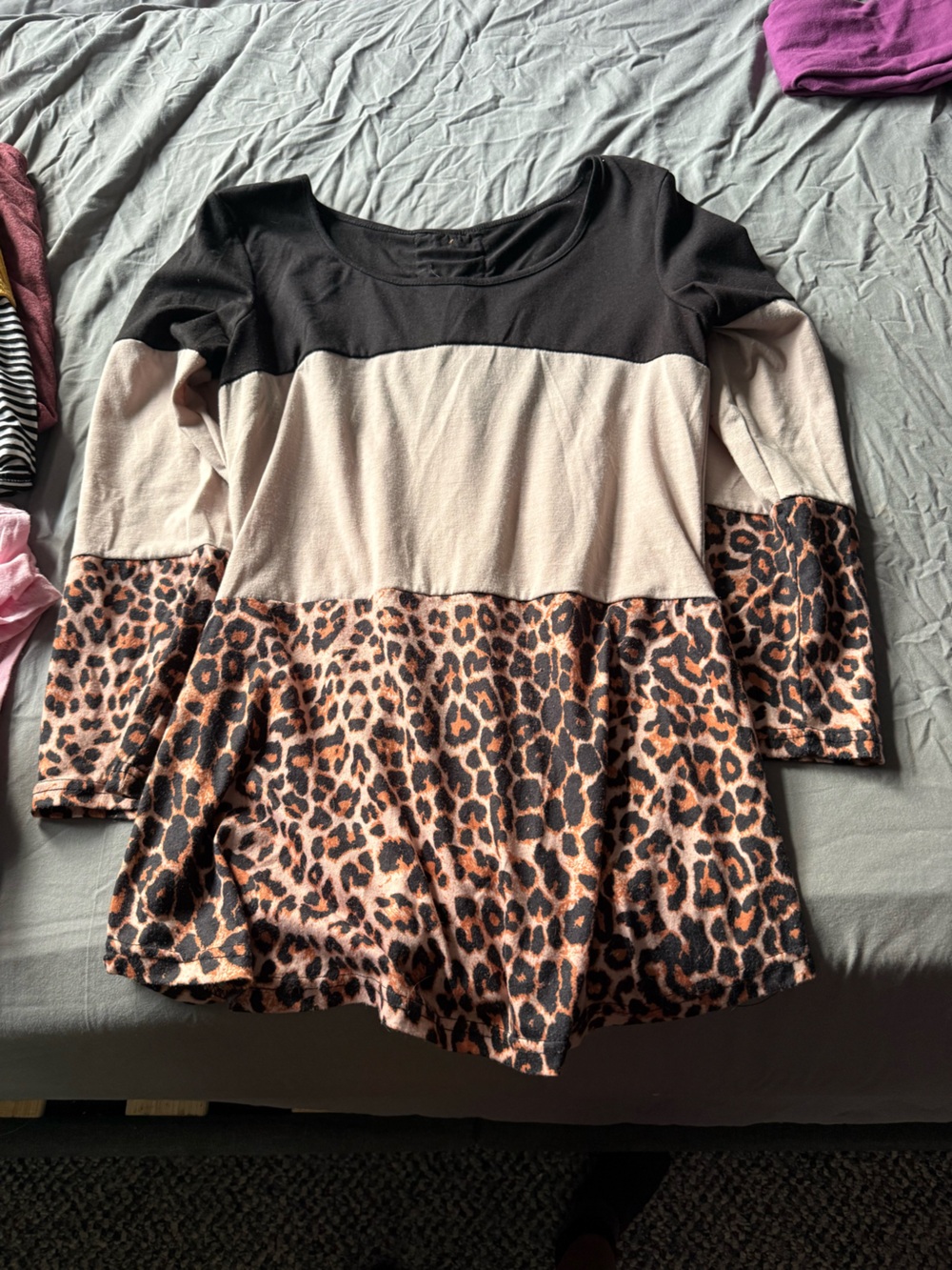 Amazon Black Cream and Brown Leopard Colorblock Tunic